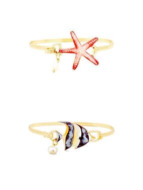 2 Enamel Beach Charm Bangle Bracelets - Red Starfish + Angelfish, Gold Pearl